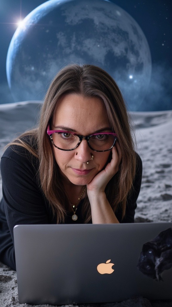 Mit dem KI-Avatar erstelltes Porträt am Laptop