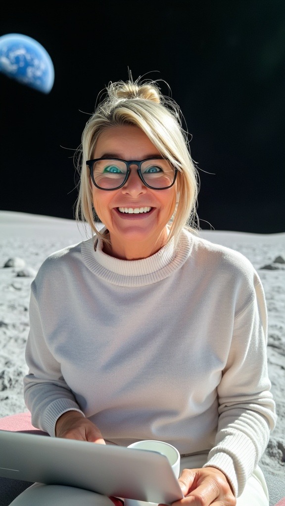 Mit dem KI-Avatar erstelltes Bild: Arbeiten am Laptop auf dem Mond