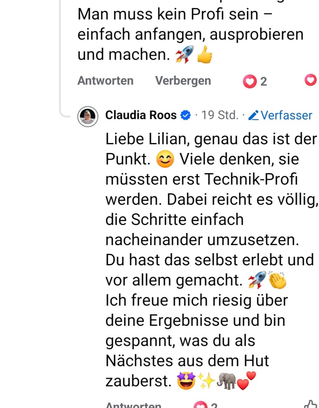 Facebook-Kommentarverlauf mit einer Antwort von Claudia Roos